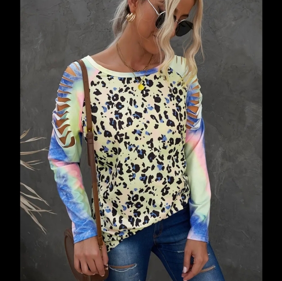 Tie-dye animal print slashed cut shoulder long sleeve shirt tee W-664 - Picture 4 of 7